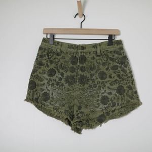Free People Army Green Embroidered High Waisted Denim Shorts